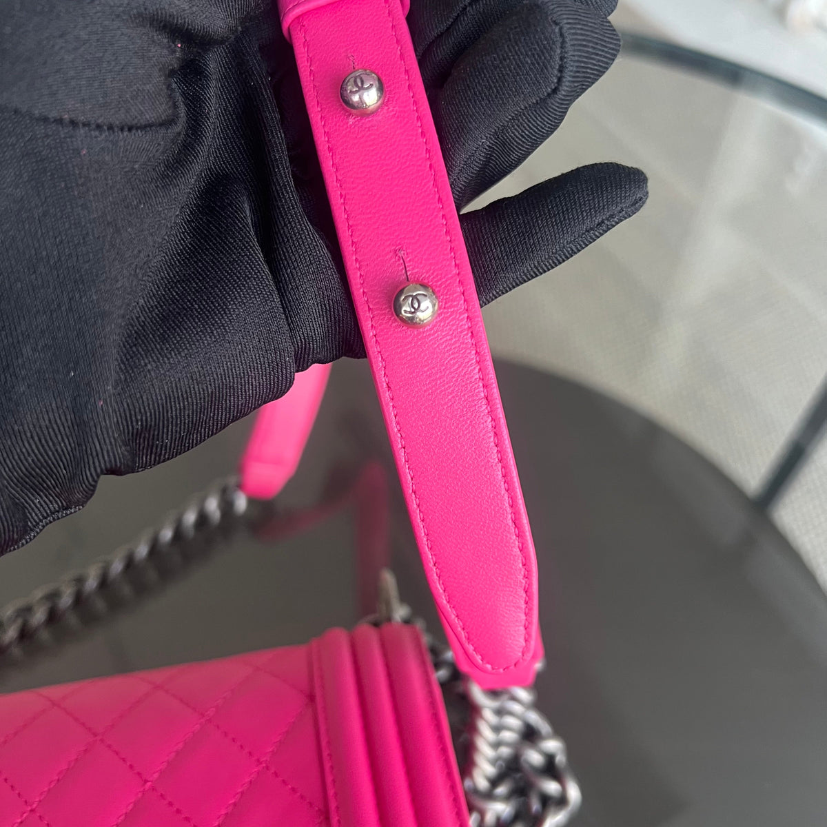 Boy OldMedium 25CM QuiltedLambskin Hot Pink Leboy Silver Hardware Series 19