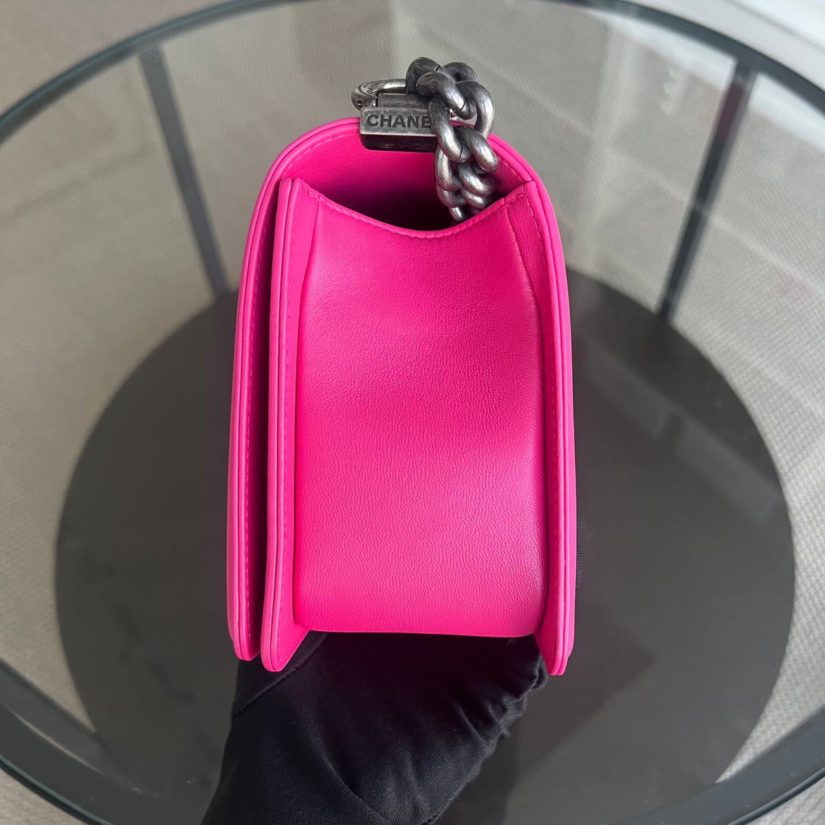 Boy OldMedium 25CM QuiltedLambskin Hot Pink Leboy Silver Hardware Series 19