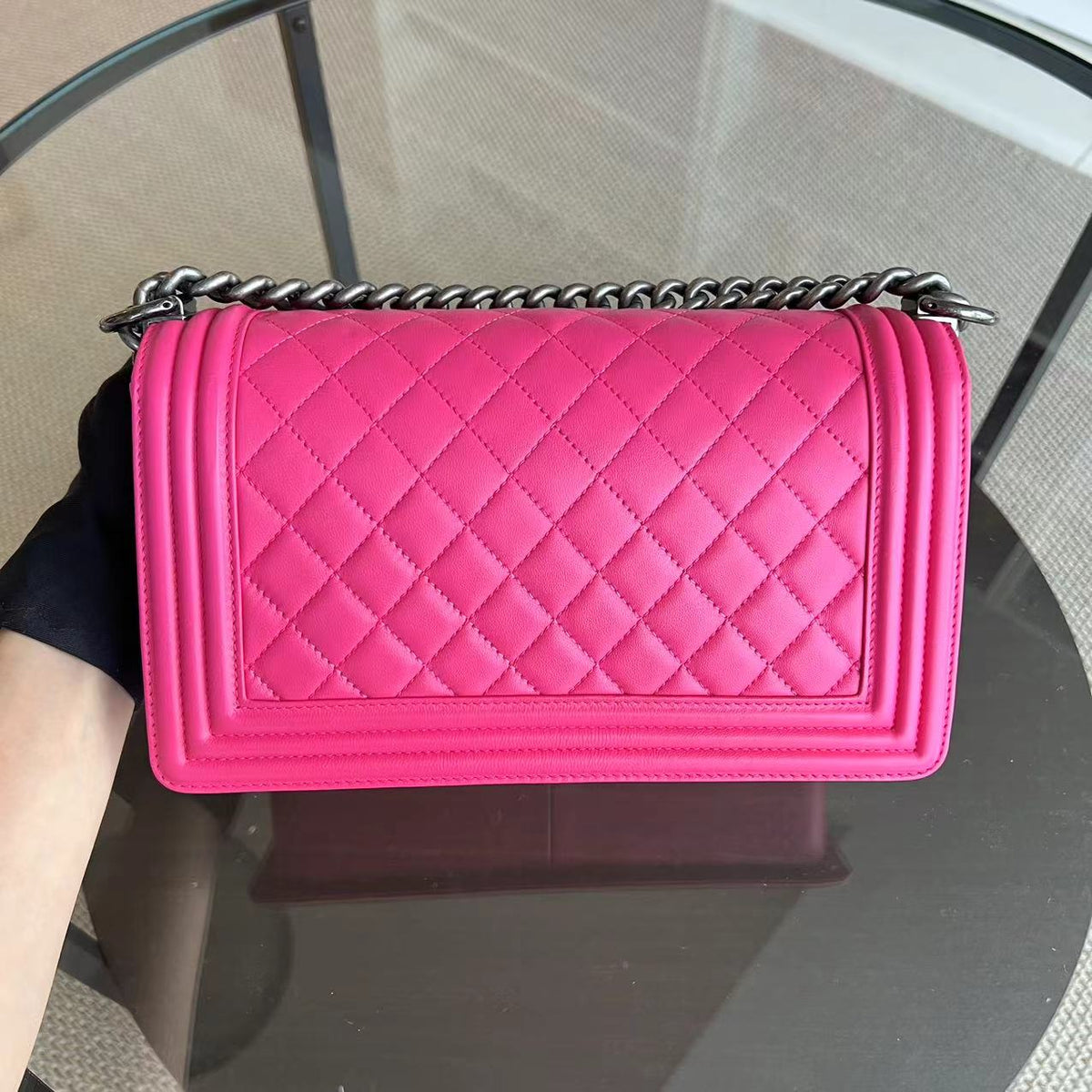 Boy Old Medium 25CM Quilted Lambskin Hot Pink Leboy Silver Hardware Series 19