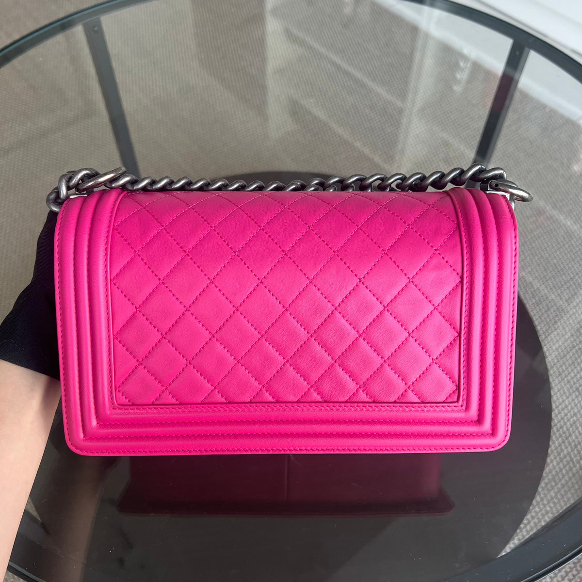 Boy OldMedium 25CM QuiltedLambskin Hot Pink Leboy Silver Hardware Series 19