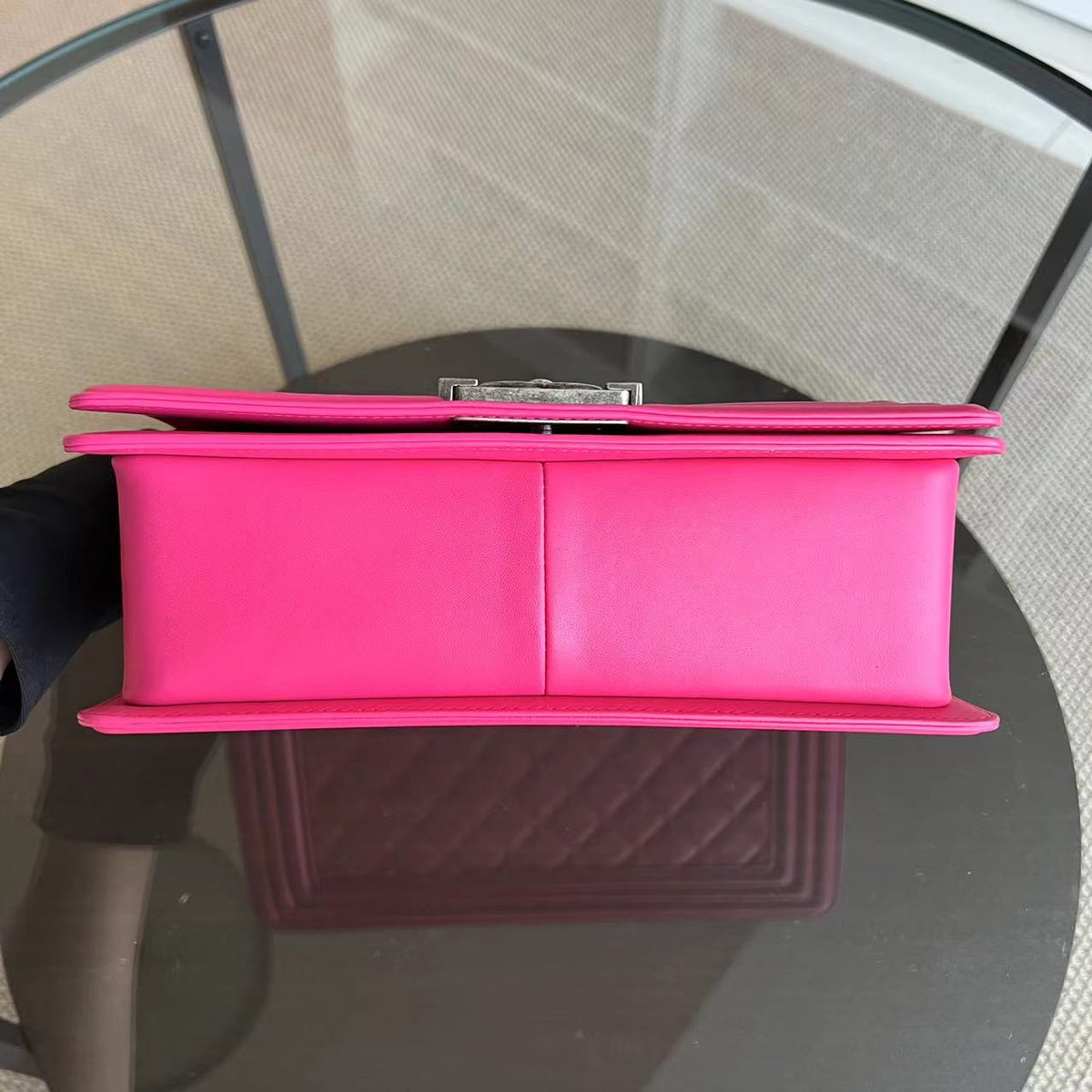 Boy Old Medium 25CM Quilted Lambskin Hot Pink Leboy Silver Hardware Series 19