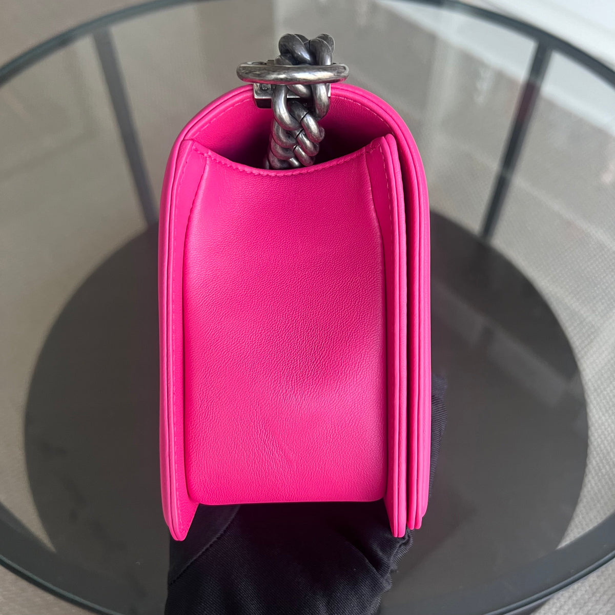 Boy OldMedium 25CM QuiltedLambskin Hot Pink Leboy Silver Hardware Series 19