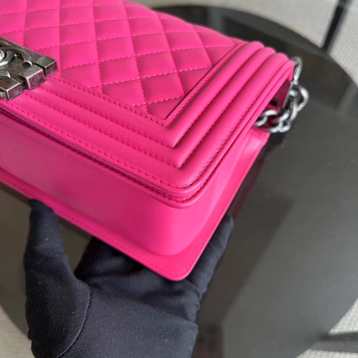 Boy Old Medium 25CM Quilted Lambskin Hot Pink Leboy Silver Hardware Series 19