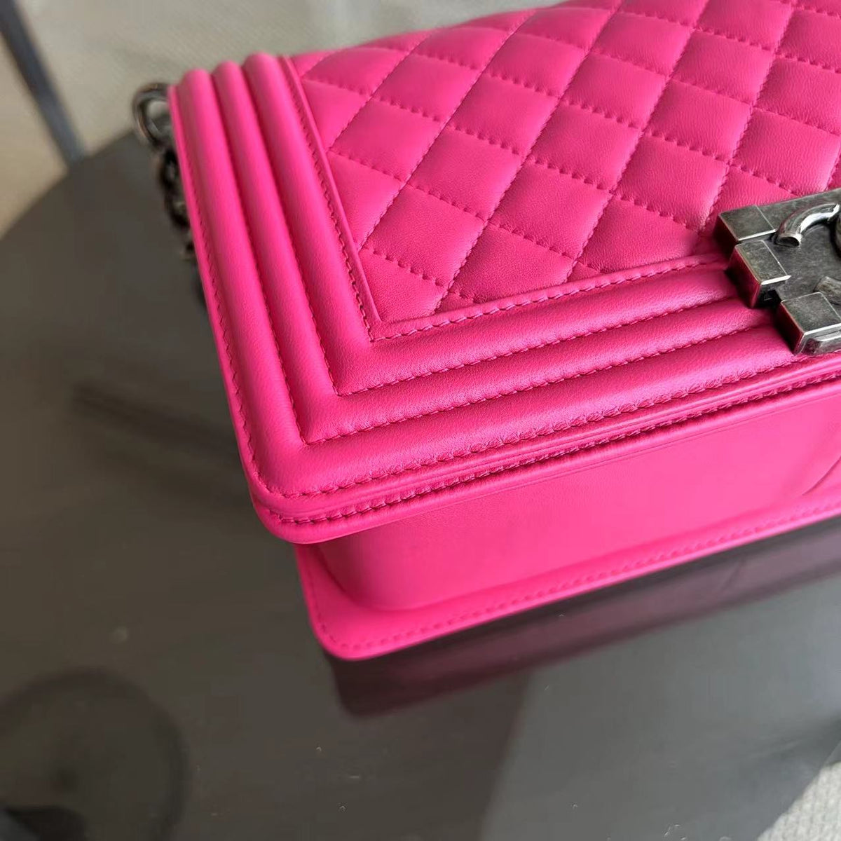 Boy Old Medium 25CM Quilted Lambskin Hot Pink Leboy Silver Hardware Series 19