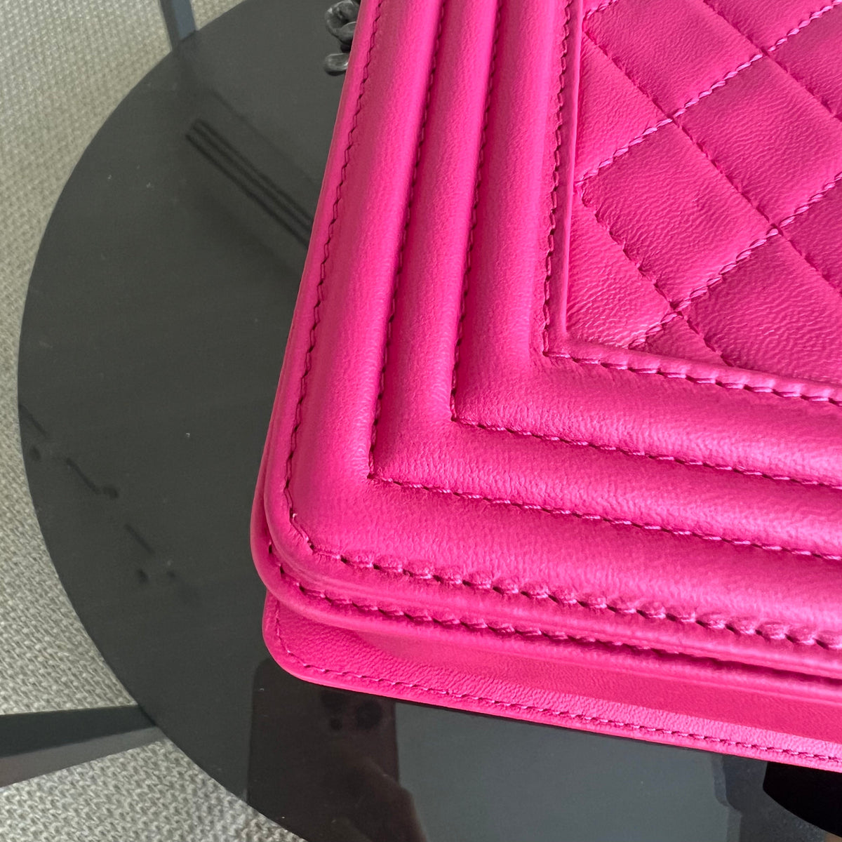 Boy OldMedium 25CM QuiltedLambskin Hot Pink Leboy Silver Hardware Series 19
