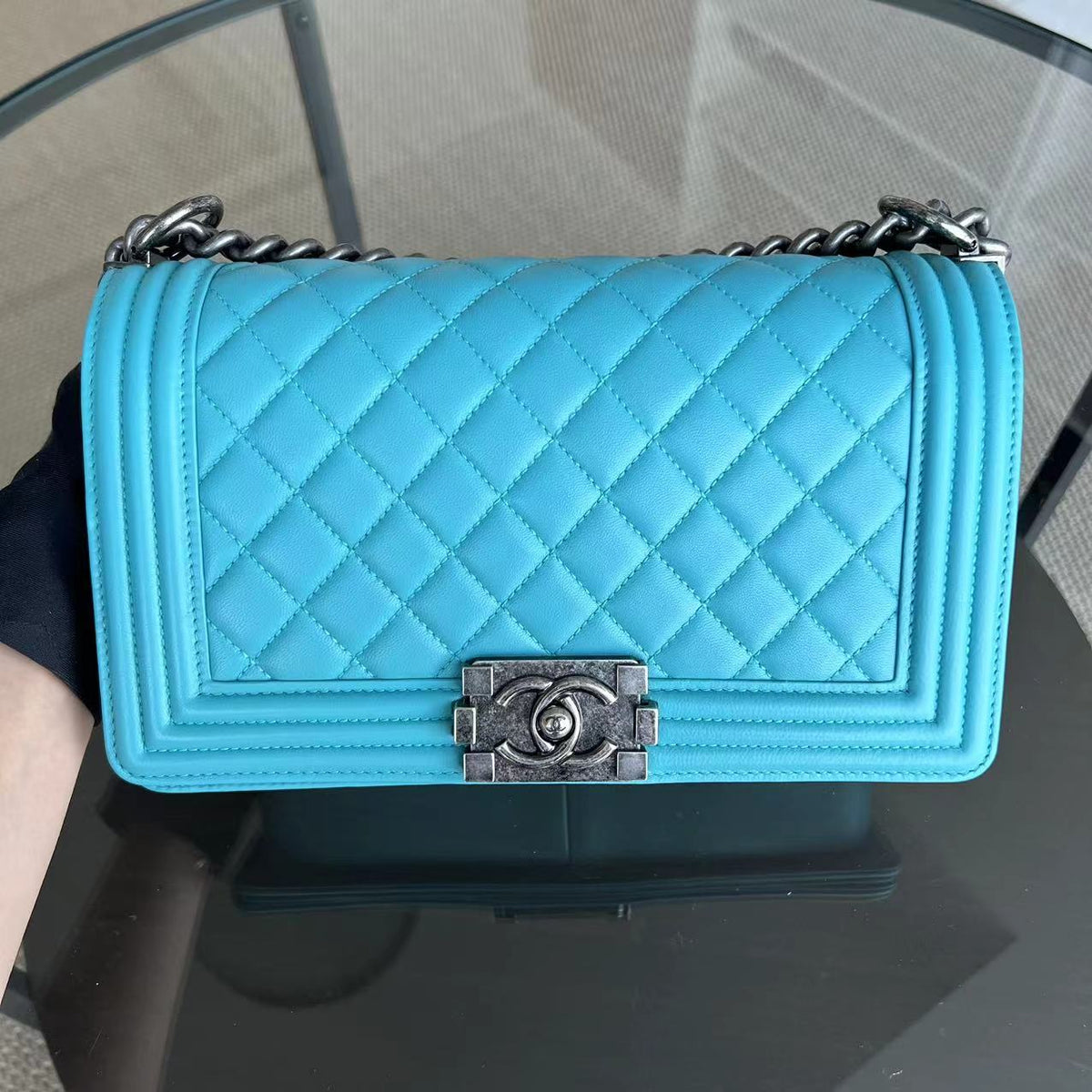 Boy Old Medium 25CM Quilted Lambskin Tiffany Blue Leboy Ruthenium Silver Hardware Series 19
