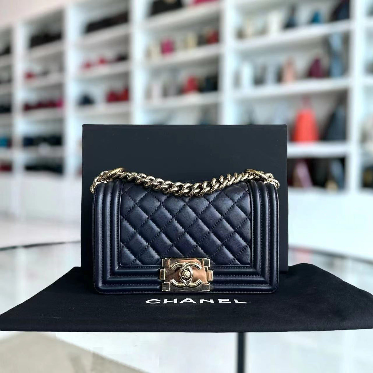 Boy Small 20CM Quilted Lambskin Dark Navy Blue Leboy Golden Hardware Series 25