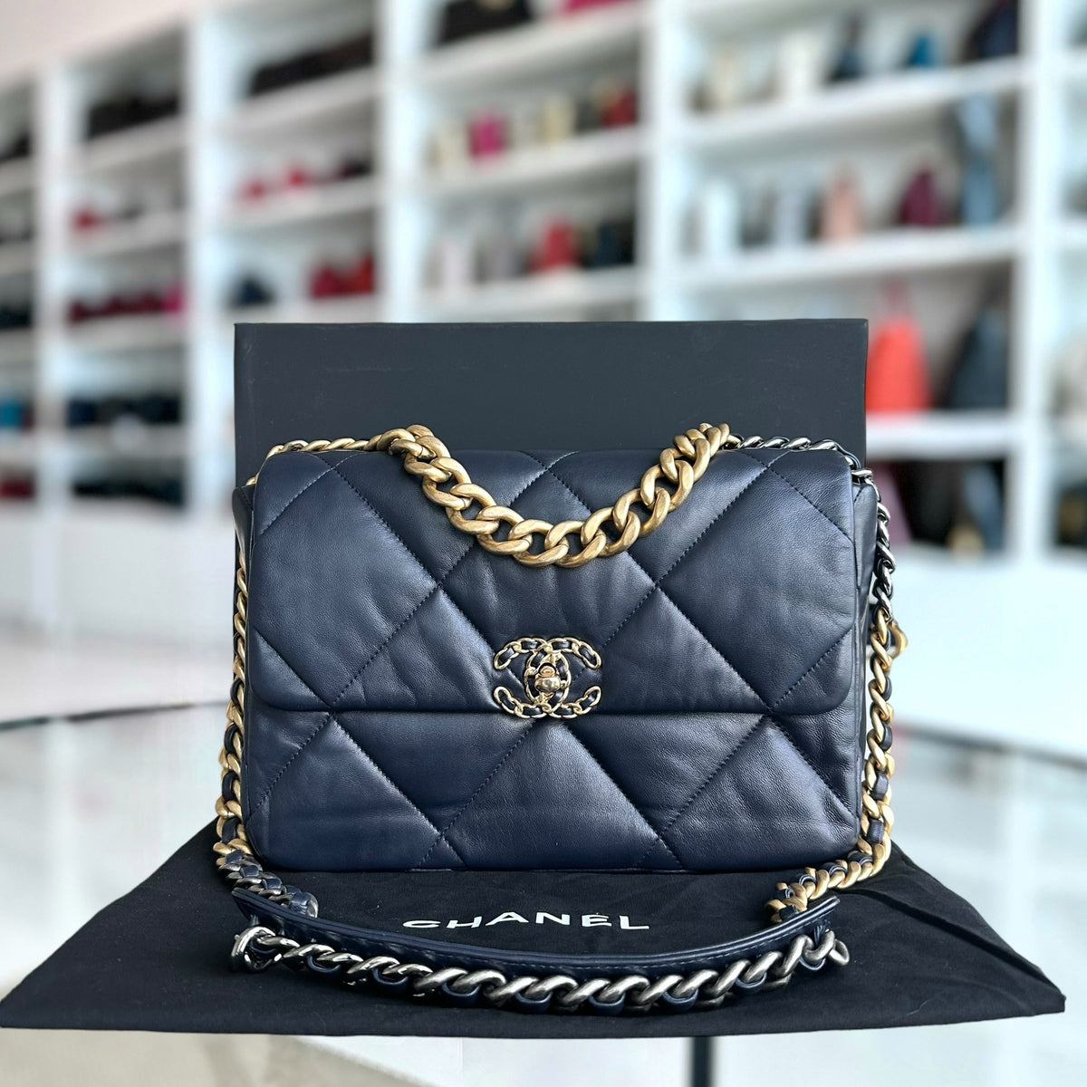 C19 Medium 19 Bag Quilted Goatskin Midnight Dark Blue Two-Tone Golden Hardware Series 30