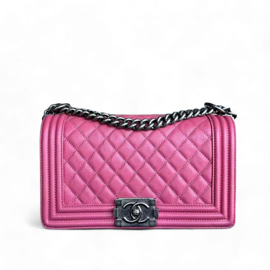 Chanel Boy Medium - Calfskin 25CM Quilted Grained Calfskin Leboy Pink RSHW No 17