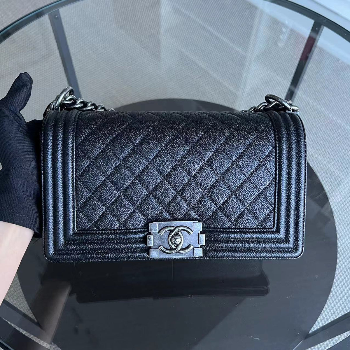 Caviar Boy Medium 25CM Quilted Grained Calfskin Black Leboy Ruthenium Silver Hardware Series 23