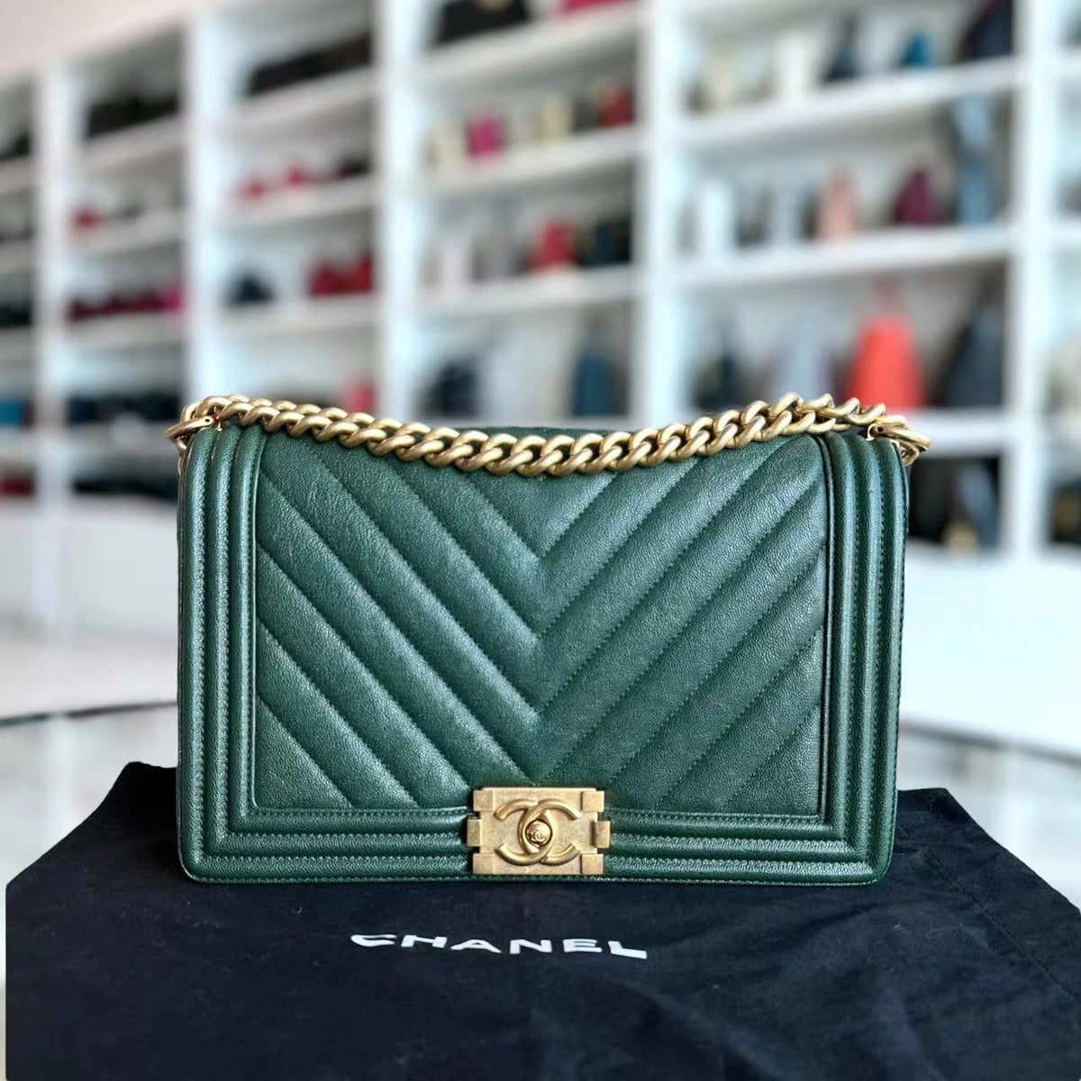 Caviar Boy New Medium 28CM Chevron Calfskin Leboy Dark Green GHW No 26