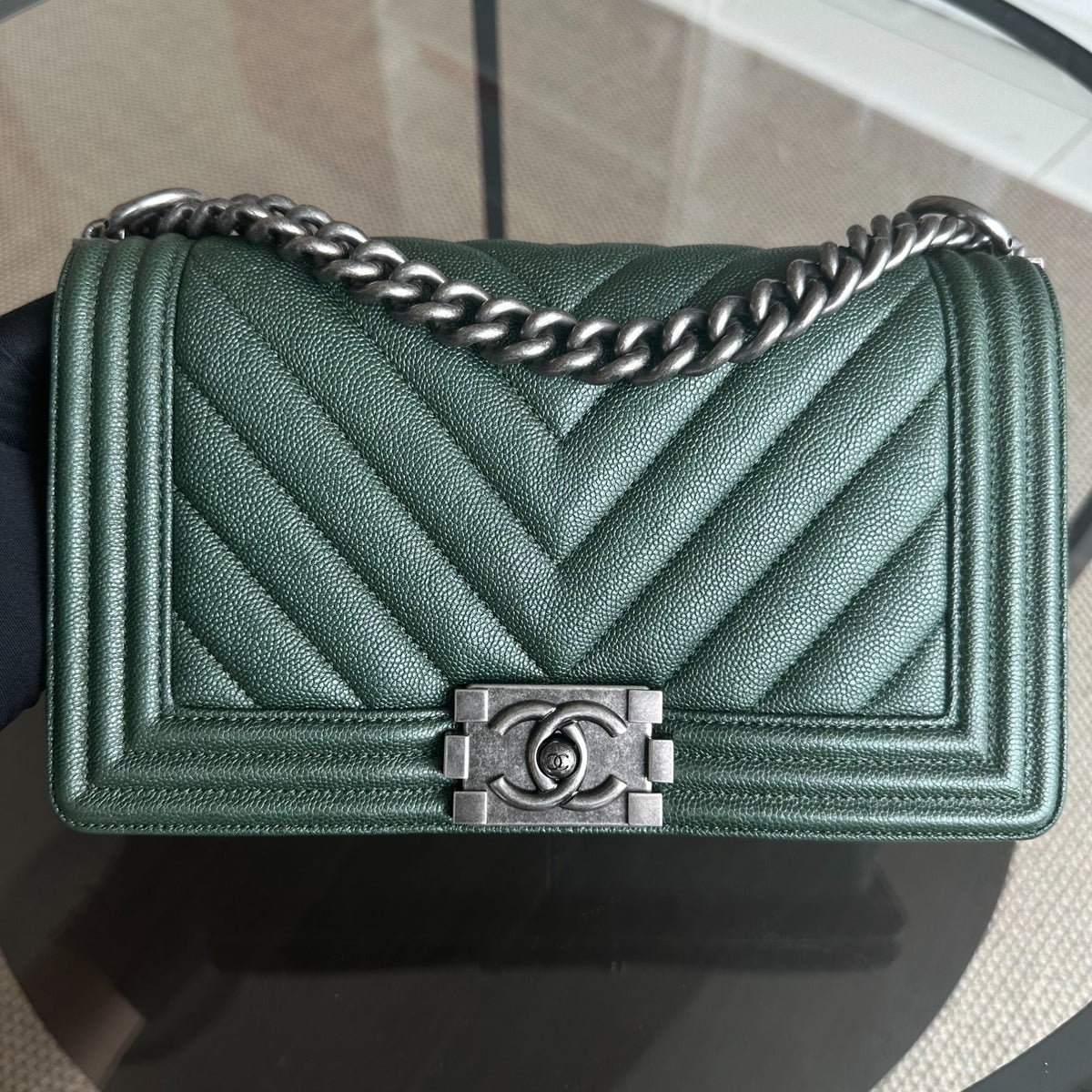 Caviar Boy Old Medium 25CM Chevron Calfskin Leboy Dark Green RSHW No 26
