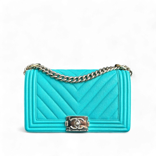 Caviar Boy Old Medium 25CM Chevron Grained Calfskin Cyan Green Blue Light Golden Hardware Series 27
