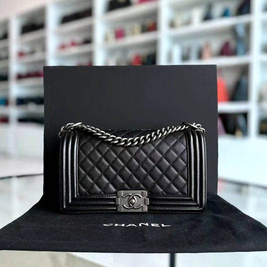Caviar Boy Old Medium 25CM Quilted Calfskin Black Leboy Ruthenium Silver Hardware Series 25