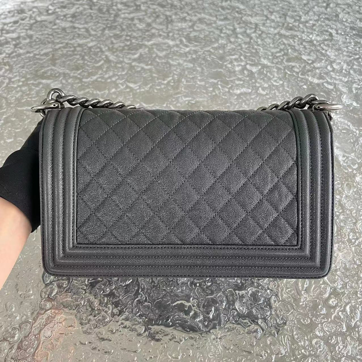 Caviar Boy Old Medium 25CM Quilted Calfskin Dark Grey Gray Silver Hardware Series 26