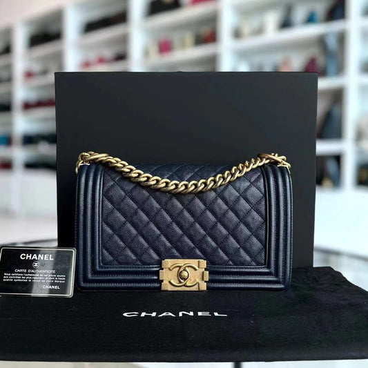 Caviar Boy Old Medium 25CM Quilted Calfskin Dark Navy Blue Leboy Golden Hardware