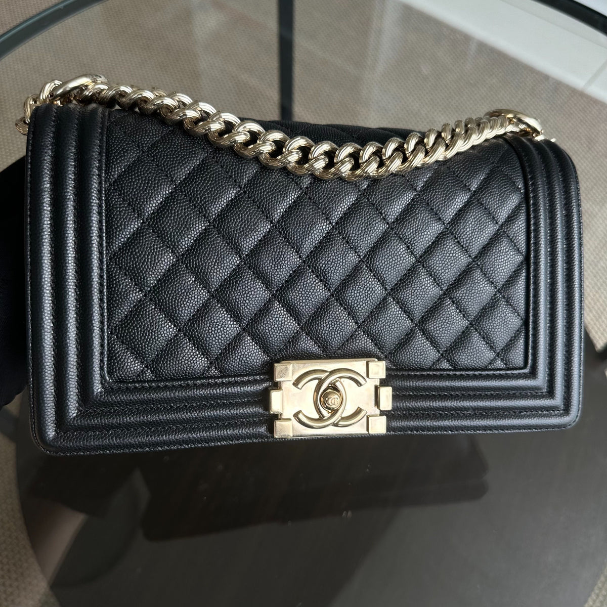 Caviar Boy Old Medium 25CM Quilted Calfskin Leboy Black GHW No 23