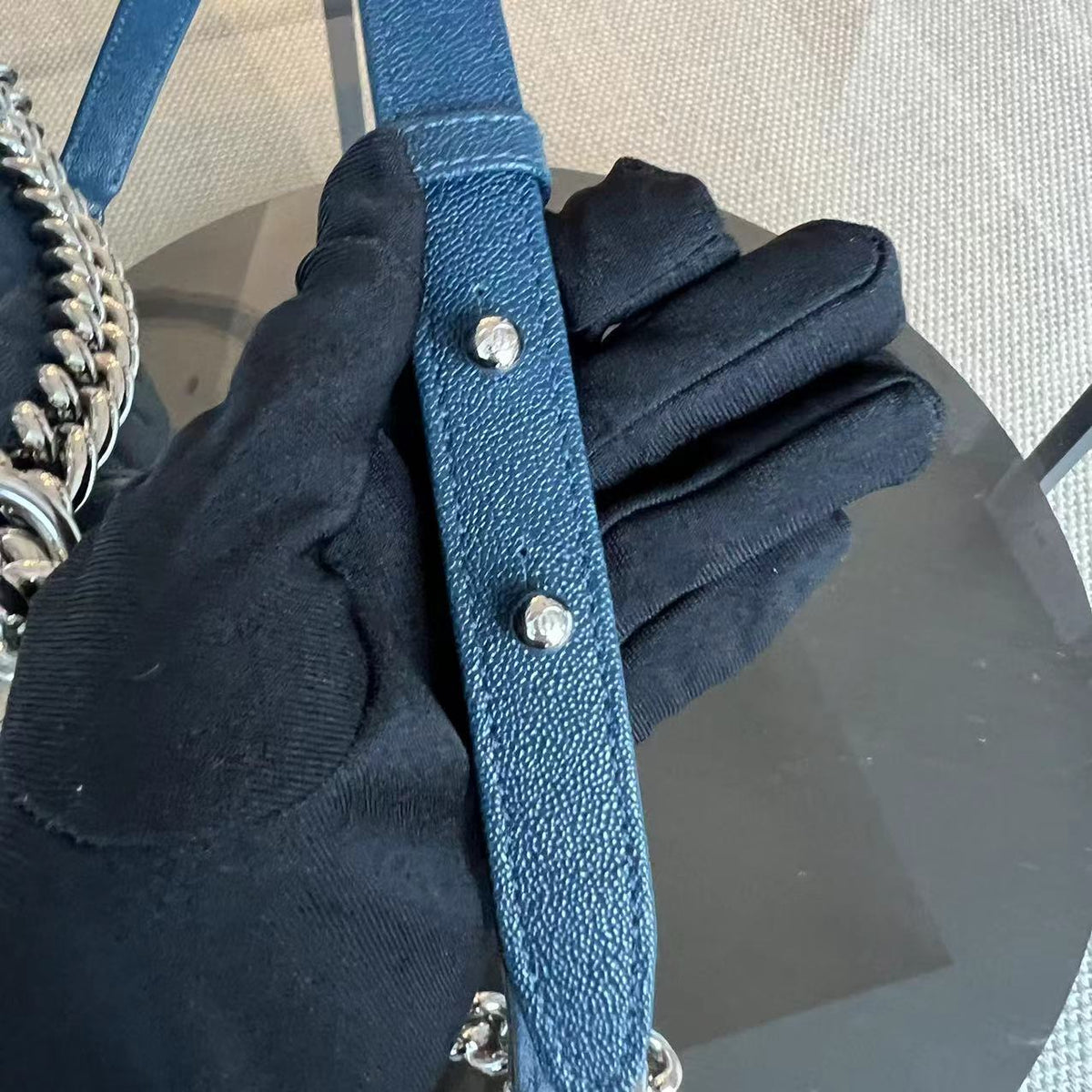 Caviar Boy Old Medium 25CM Quilted Grained Calfskin Blue Leboy Silver Hardware Series 28