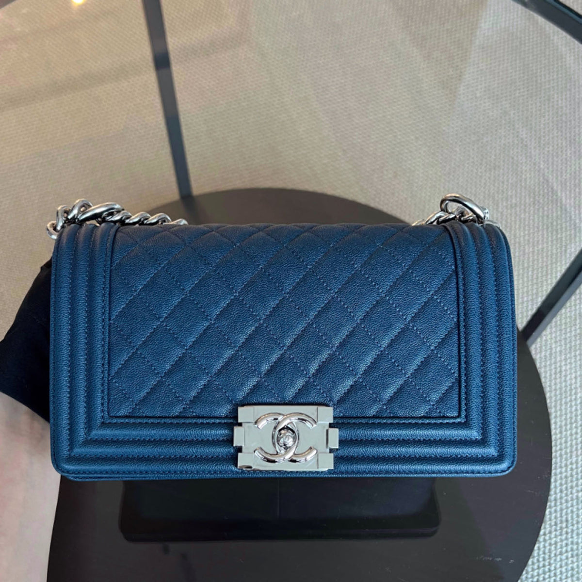 Caviar Boy Old Medium 25CM Quilted Grained Calfskin Blue Leboy Silver Hardware Series 28