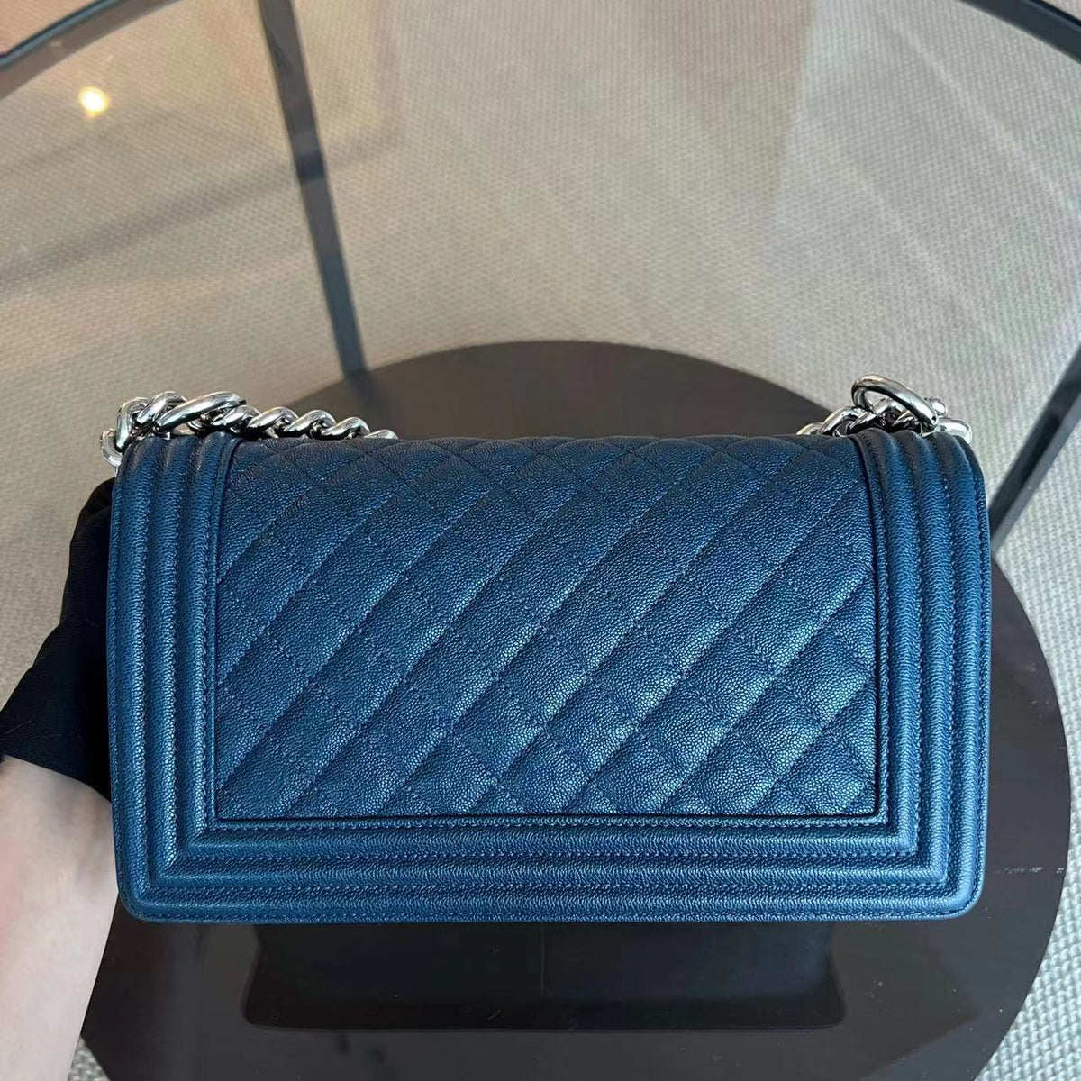 Caviar Boy Old Medium 25CM Quilted Grained Calfskin Blue Leboy Silver Hardware Series 28