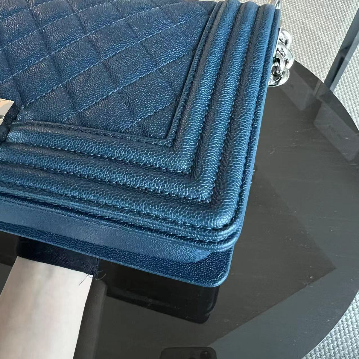 Caviar Boy Old Medium 25CM Quilted Grained Calfskin Blue Leboy Silver Hardware Series 28