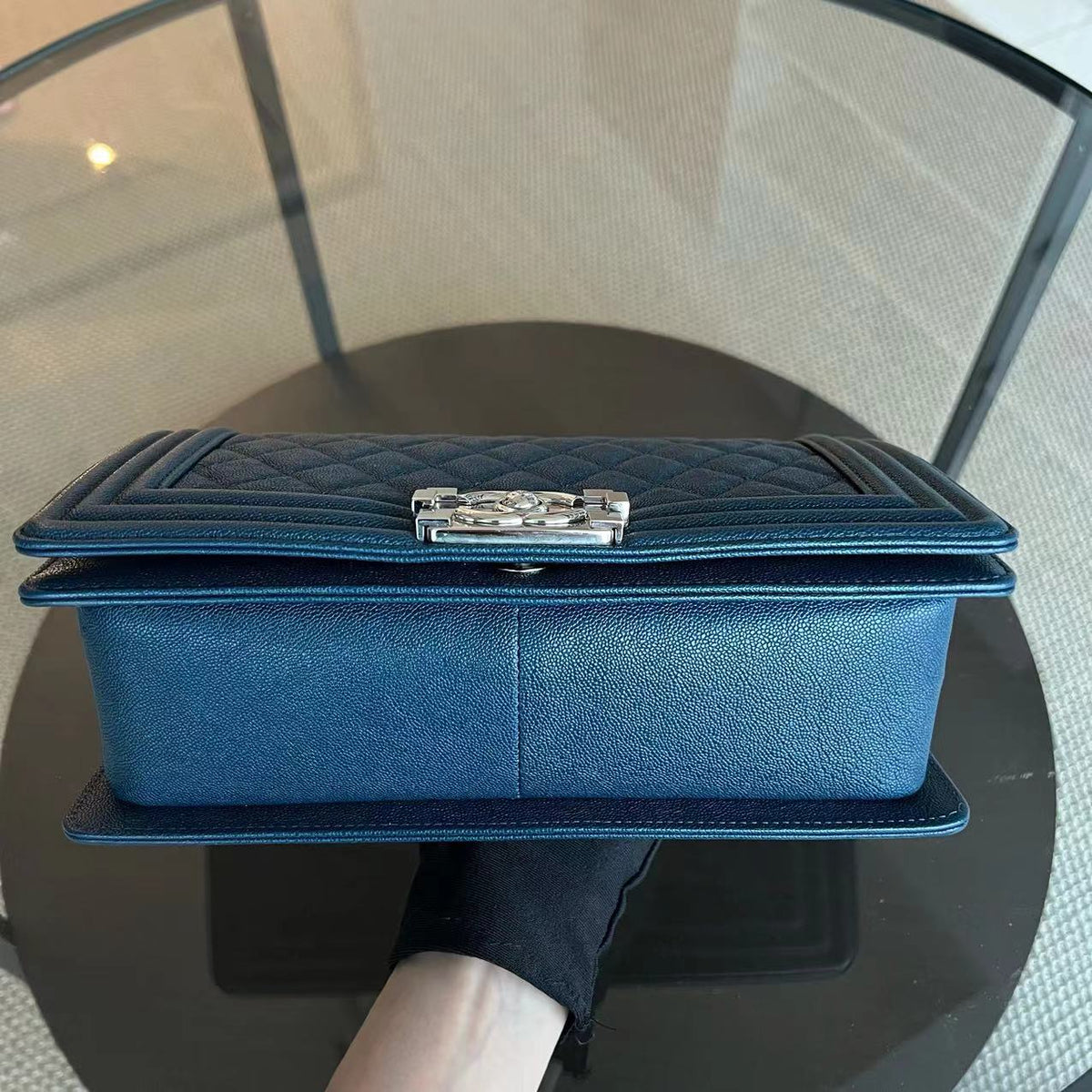 Caviar Boy Old Medium 25CM Quilted Grained Calfskin Blue Leboy Silver Hardware Series 28