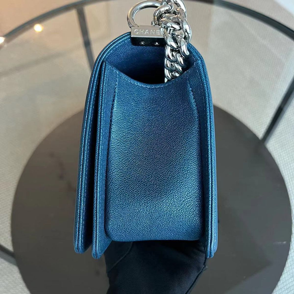 Caviar Boy Old Medium 25CM Quilted Grained Calfskin Blue Leboy Silver Hardware Series 28