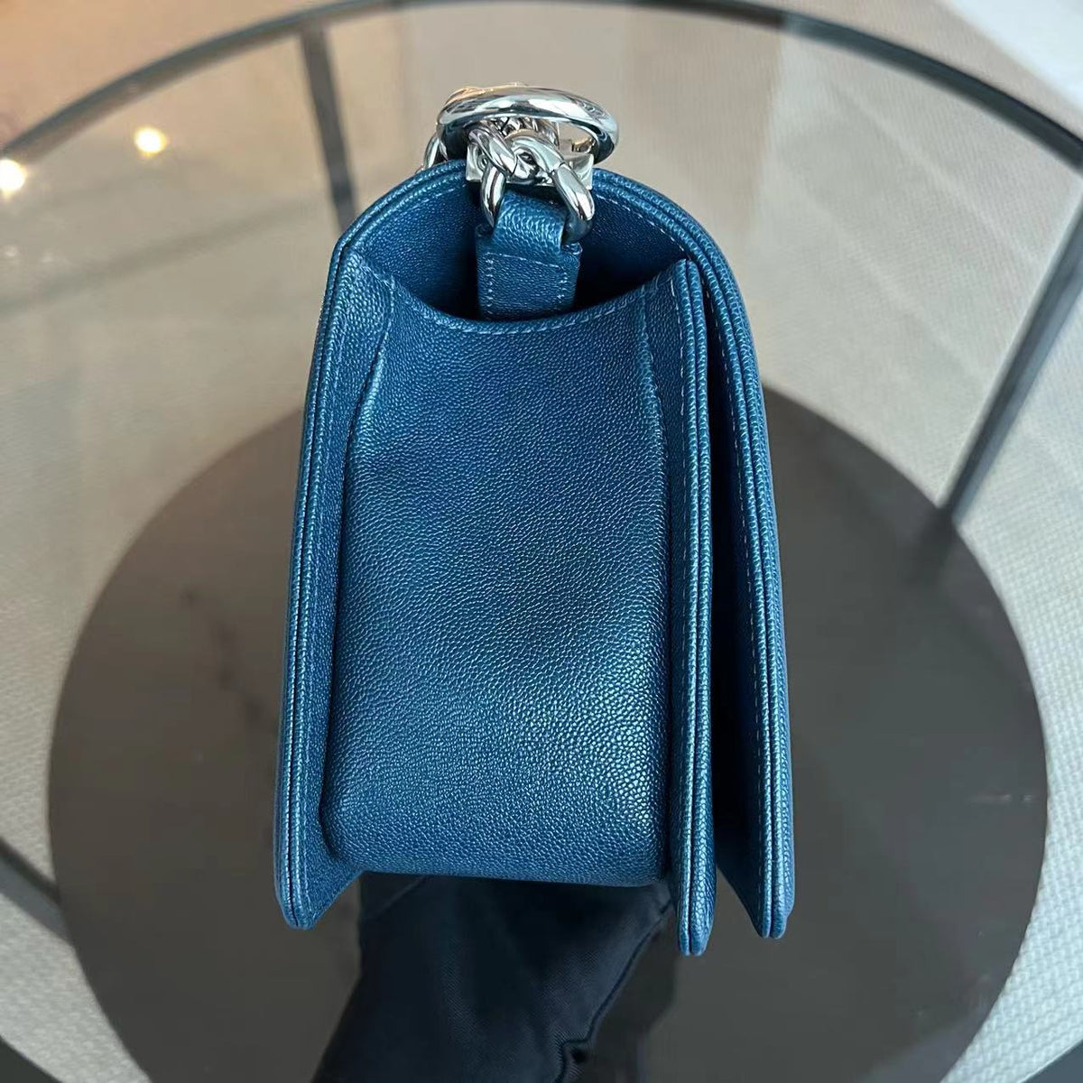 Caviar Boy Old Medium 25CM Quilted Grained Calfskin Blue Leboy Silver Hardware Series 28