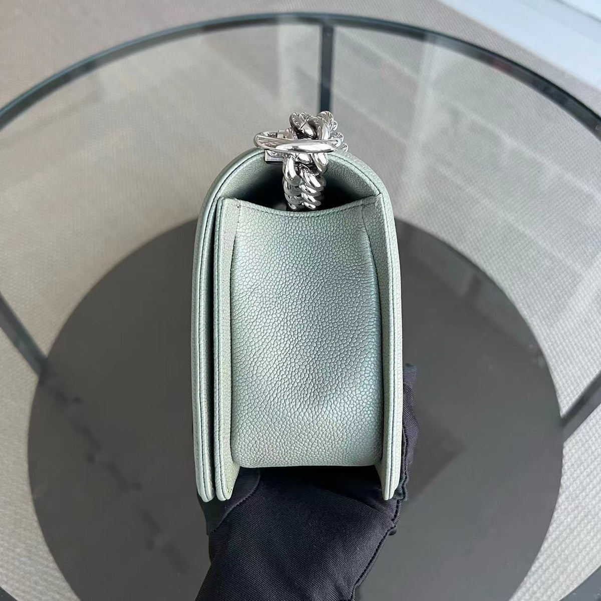 Caviar Boy Old Medium 25CM Quilted Grained Calfskin Light Green Leboy Silver Hardware Series 25