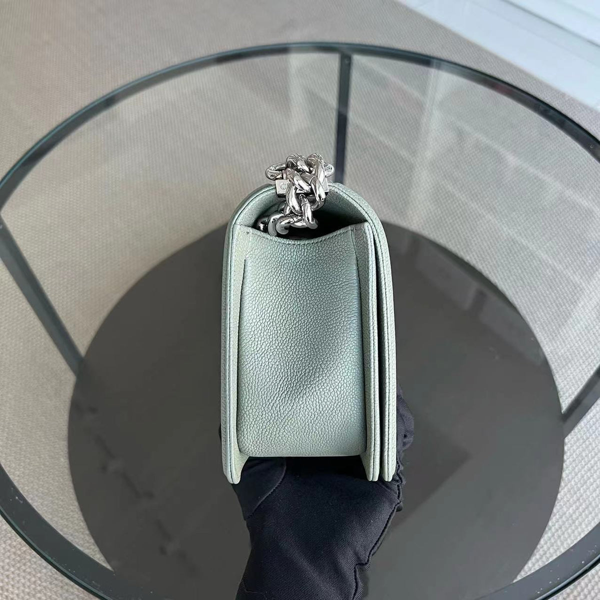 Caviar Boy Old Medium 25CM Quilted Grained Calfskin Light Green Leboy Silver Hardware Series 25