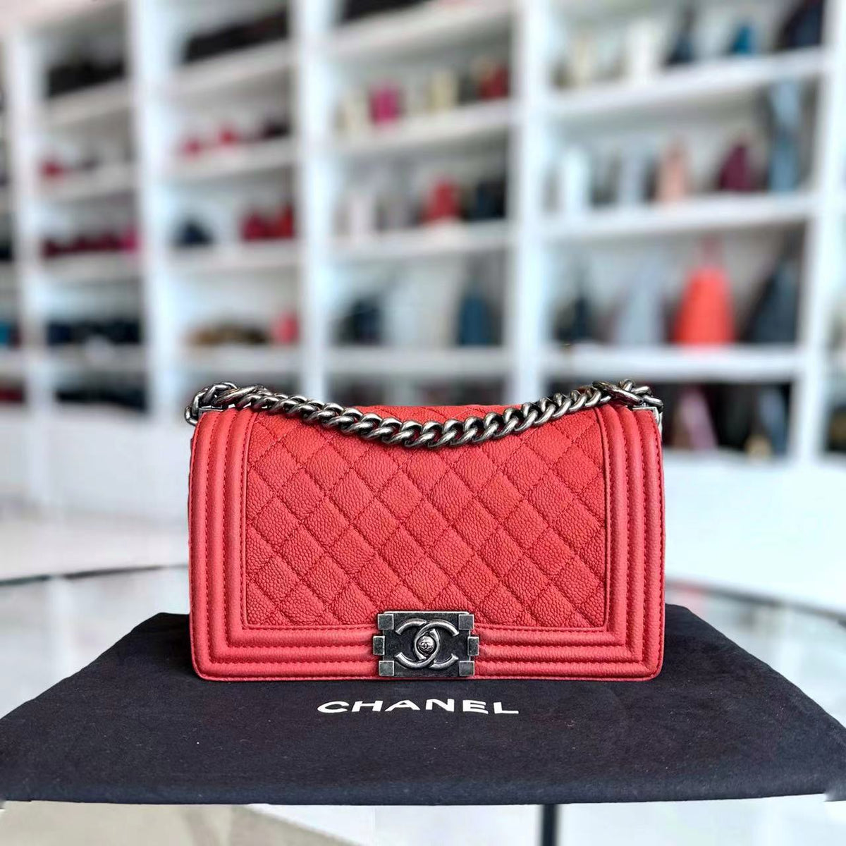Caviar Boy Old Medium 25CM Quilted Suede Calfskin Red Leboy Silver Hardware Series 18