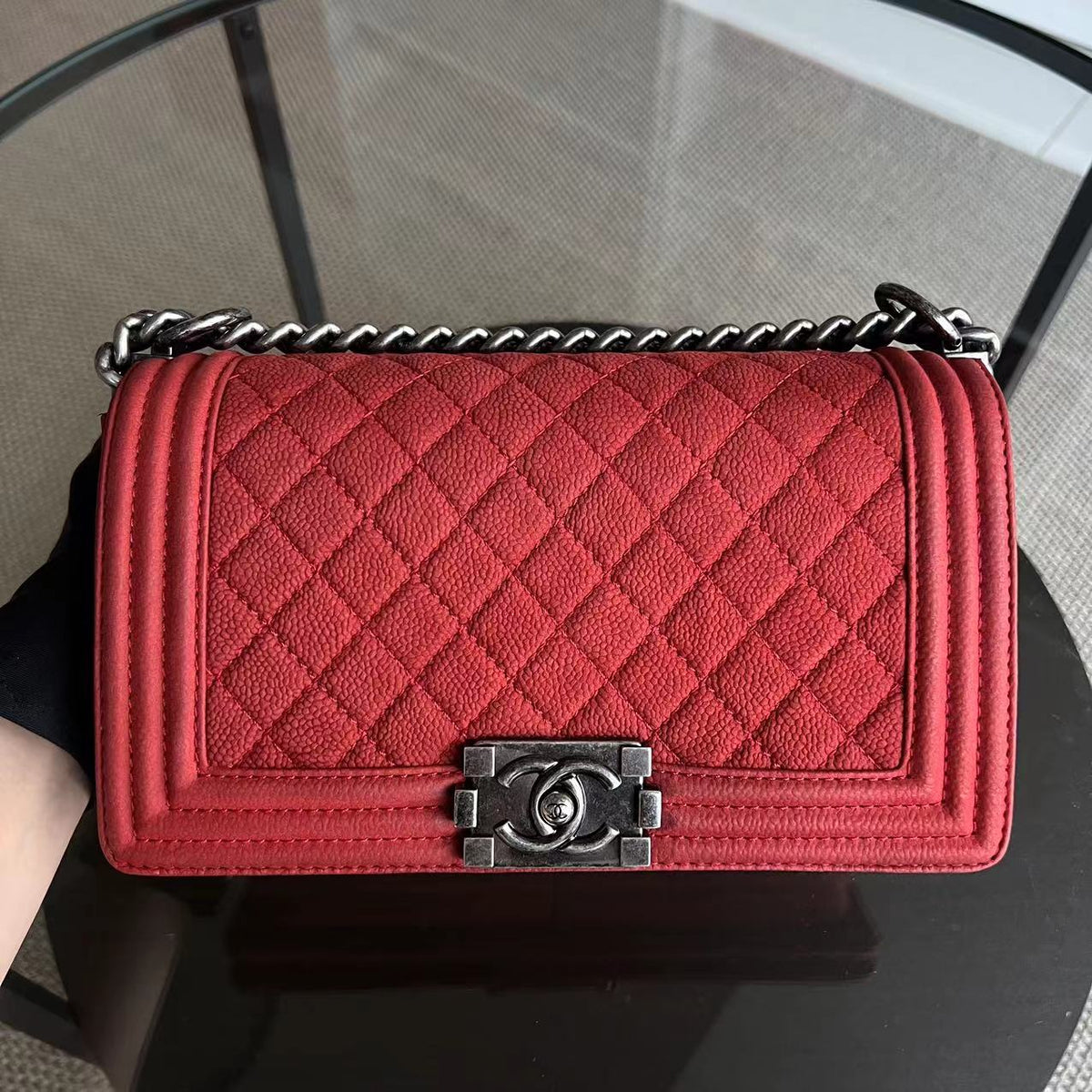 Caviar Boy Old Medium 25CM Quilted Suede Calfskin Red Leboy Silver Hardware Series 18
