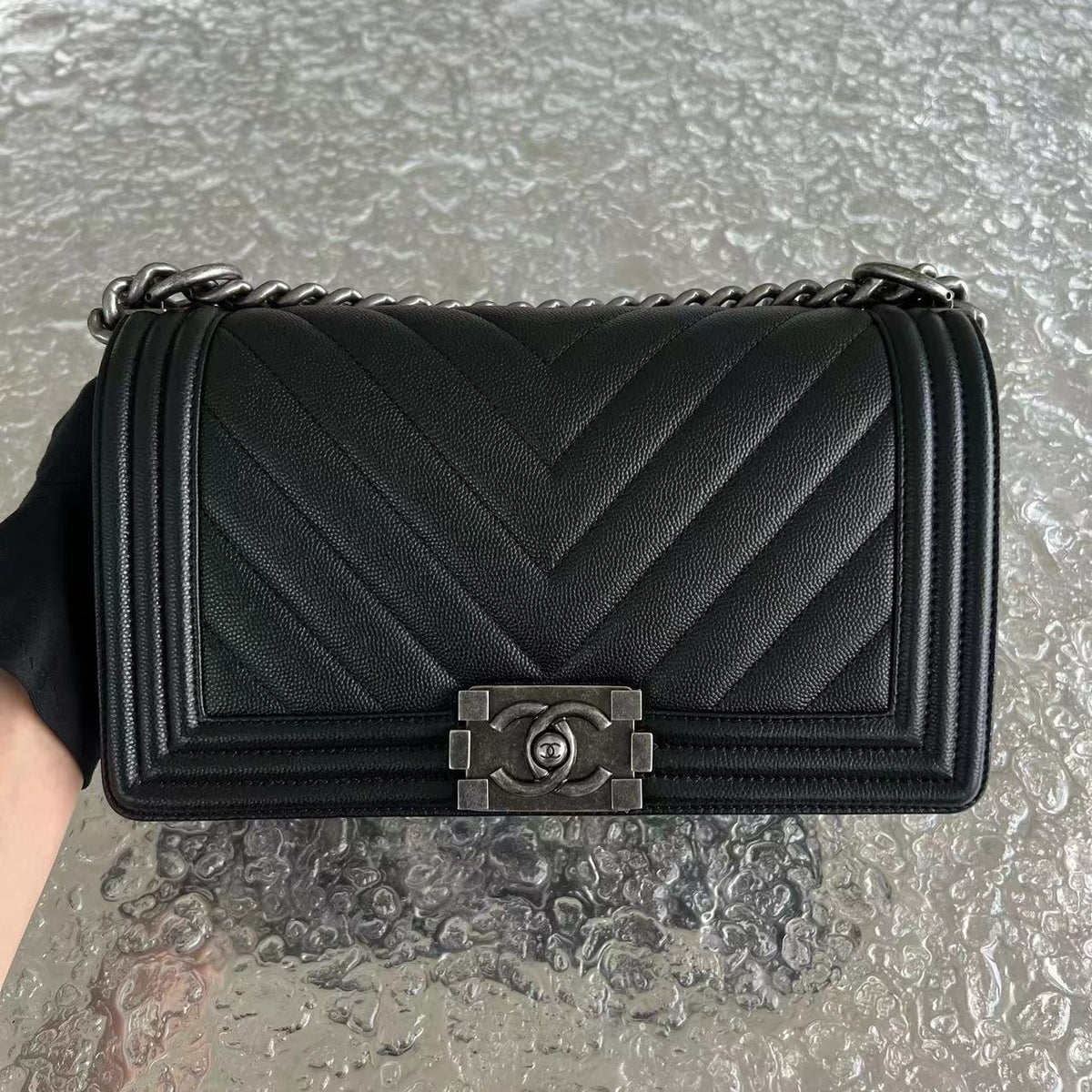 Caviar Boy Old Medium Chevron Grained Calfskin Black Silver Hardware Series 25