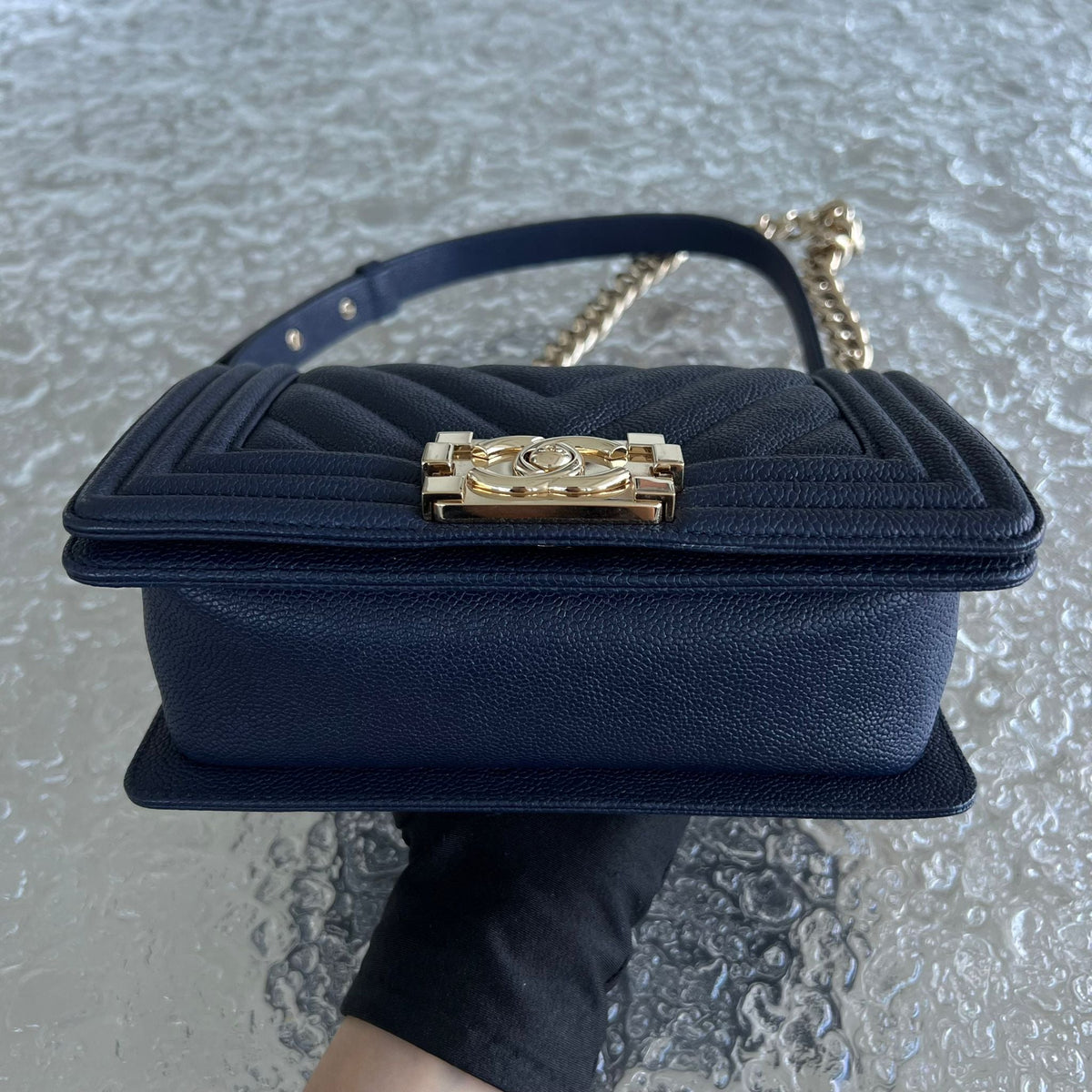 Caviar Boy Small 20CM Chevron Grained Calfskin Dark Blue No 24