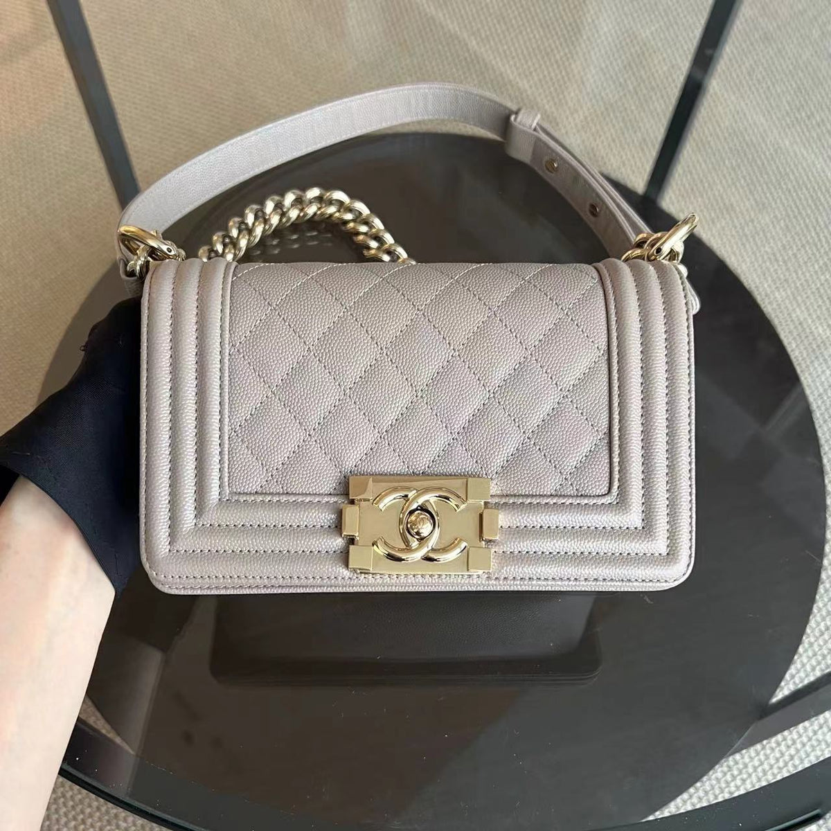 Caviar Boy Small 20CM Quilted Grained Calfskin Light Grey Gray Golden Hardware Series 23
