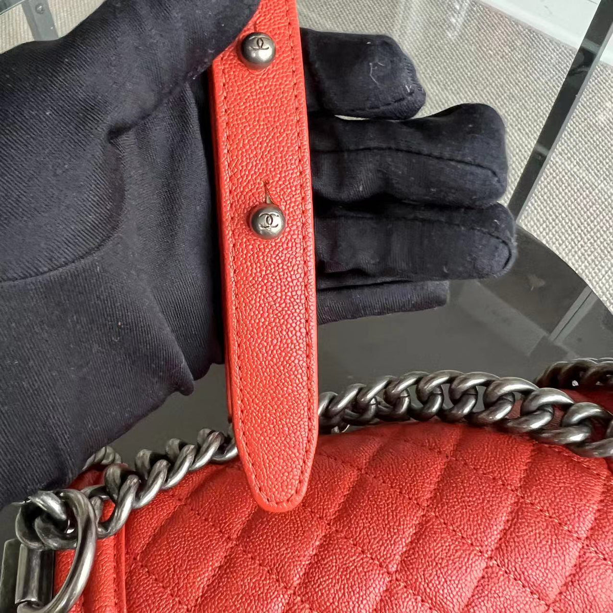 Caviar Boy Small 20CM Quilted Grained Calfskin Orange Ruthenium Silver Hardware Series 26