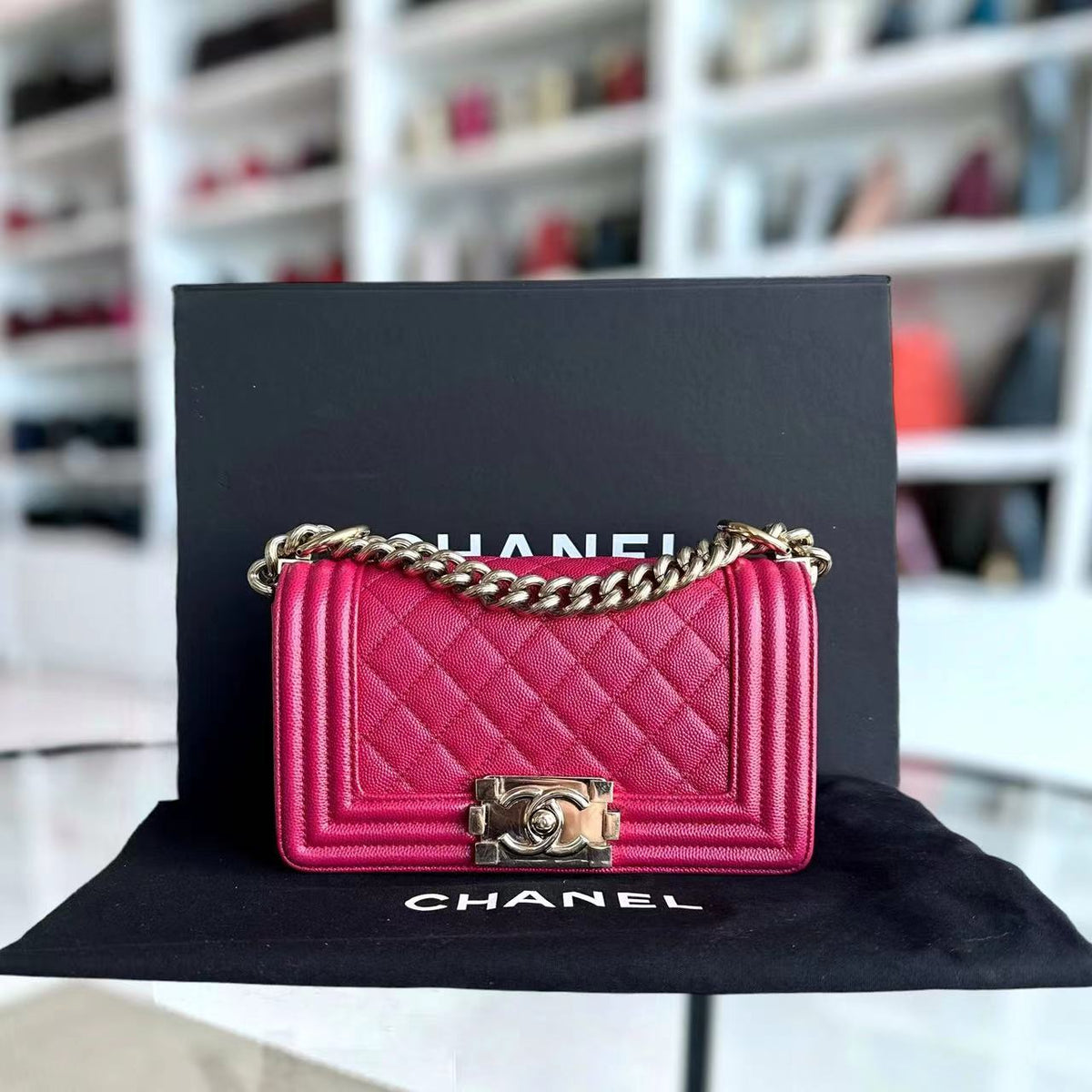 Caviar Boy Small Quilted Grained Calfskin Hot Pink Golden Hardware