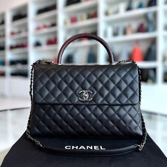Caviar Coco Handle Large Quilted Grained Calfskin Black Silver Hardware Series 23