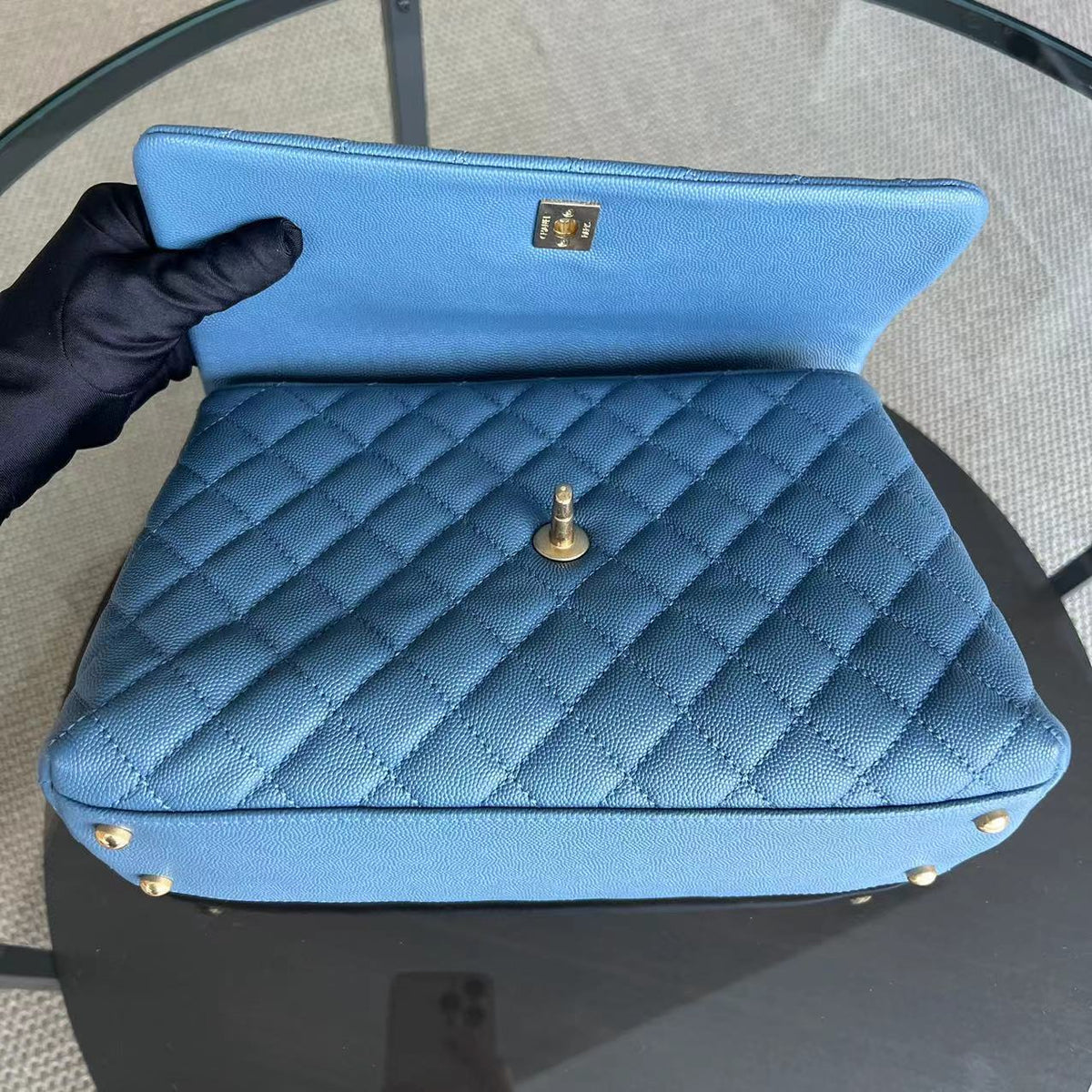 Caviar Coco Handle Medium Quilted Calfskin Blue Golden Hardware Series 26