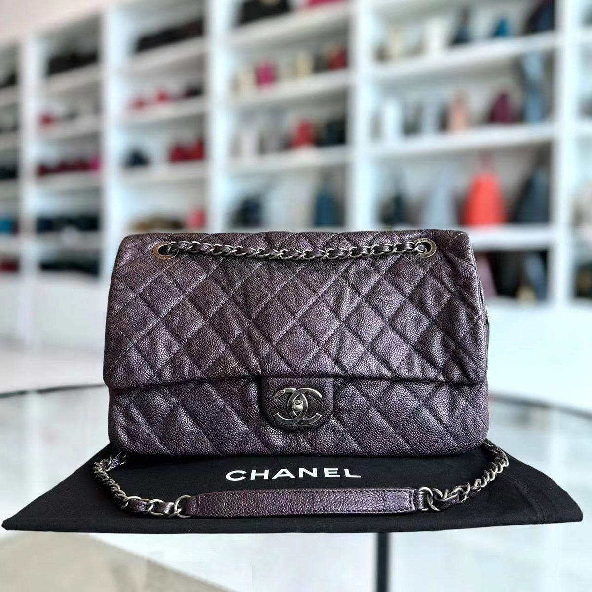 Caviar Easy Flap Jumbo 30CM Quilted Calfskin Purple RSHW No 16