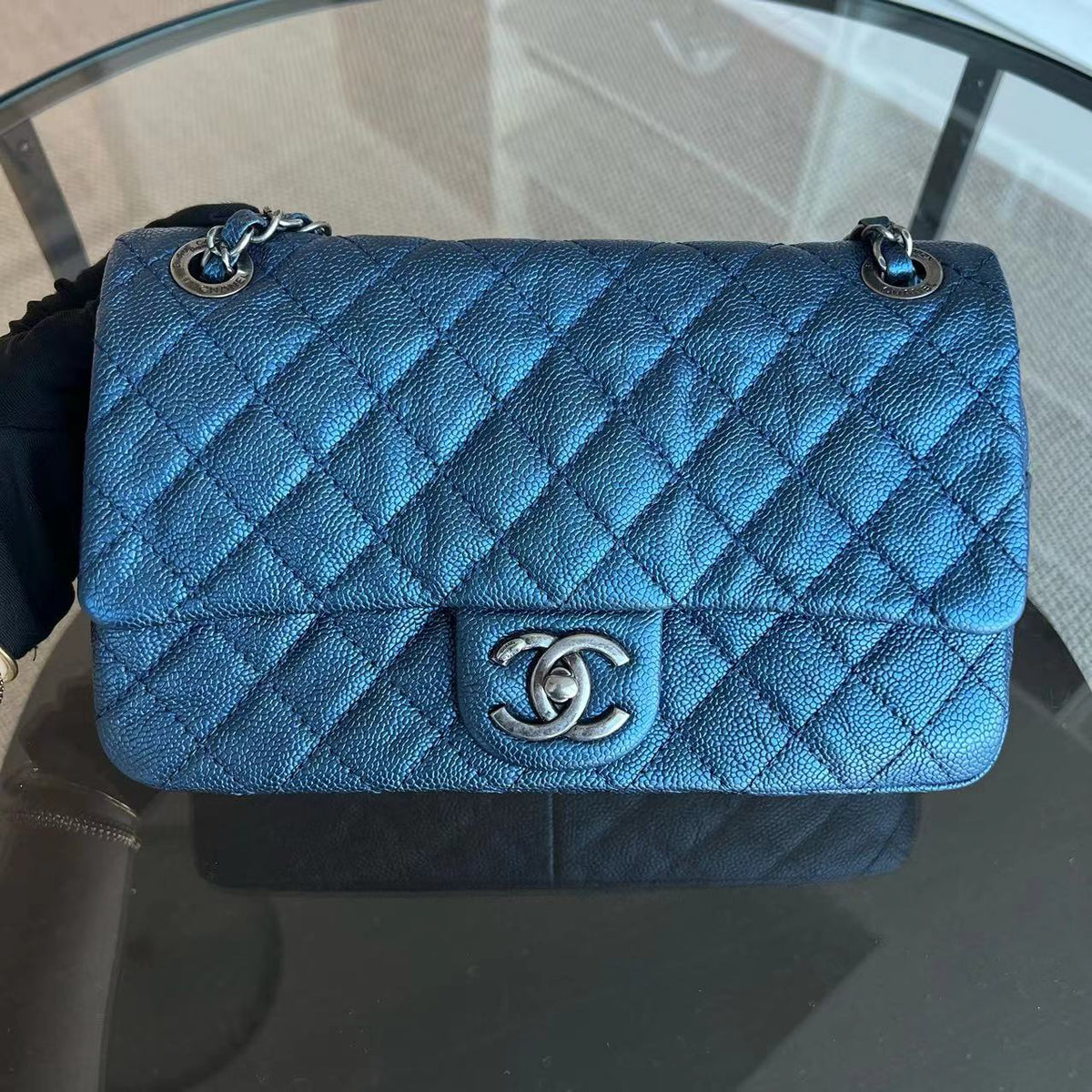 Caviar Easy Flap Zipper Quilted Calfskin Small Iridescent Blue SHW No 16