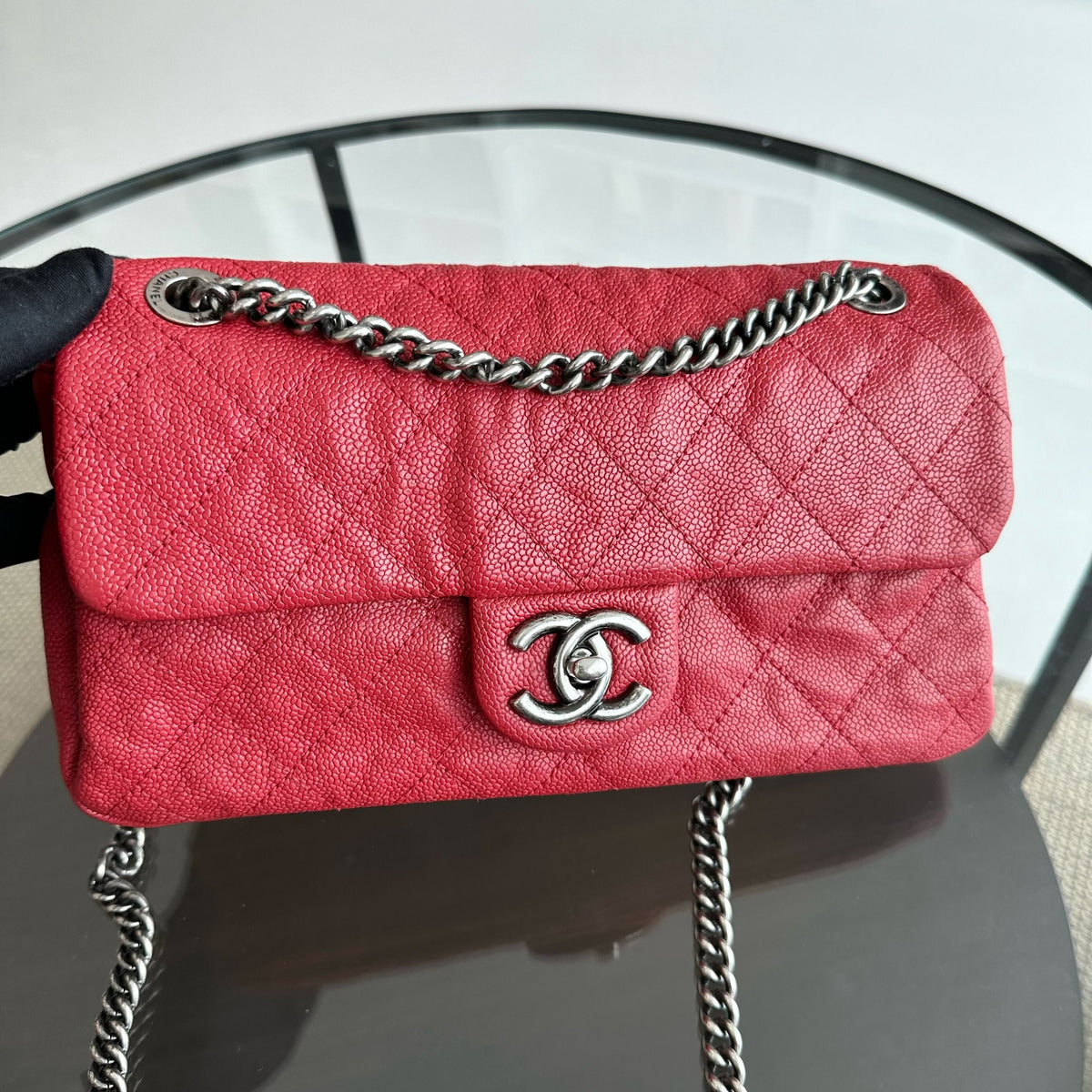 Caviar Flap Medium Triple Compartment Quilted Red RHW No 15
