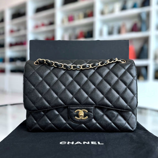 Caviar Jumbo Classic Flap Double Flap Quilted Calfskin Black GHW No 18