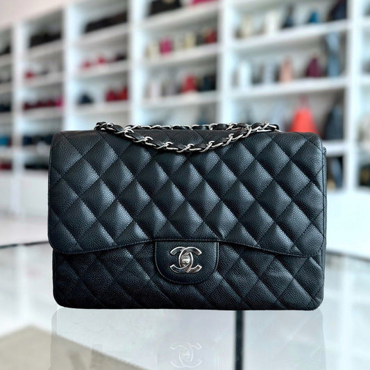 Caviar Jumbo Classic Flap Quilted Grained Calfskin Black SHW No 12