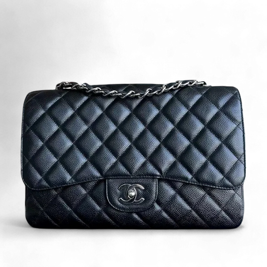 Caviar Jumbo Classic Flap Quilted Grained Calfskin Black Silver Hardware Series 12