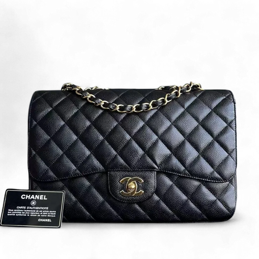 Caviar Jumbo Classic Flap Single Flap Quilted Grained Calfskin Black Golden Hardware Series 13
