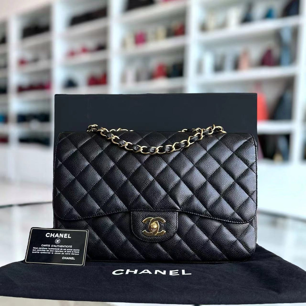 Caviar Jumbo Classic Flap Single Flap Quilted Grained Calfskin Black Golden Hardware Series 13