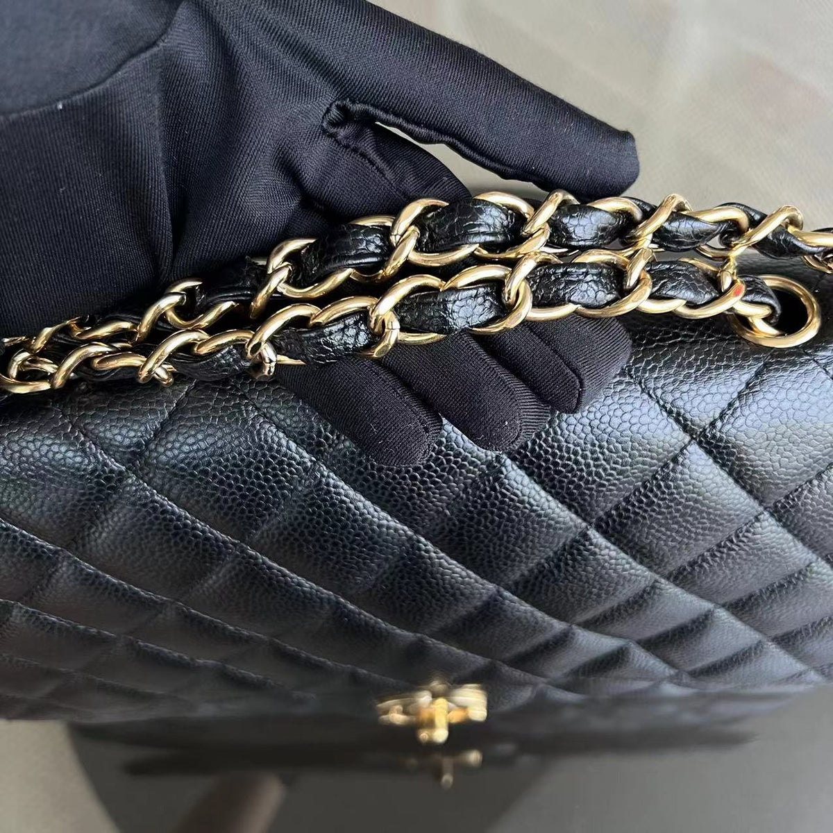 Caviar Jumbo Classic Flap Single Flap Quilted Grained Calfskin Black Golden Hardware Series 13