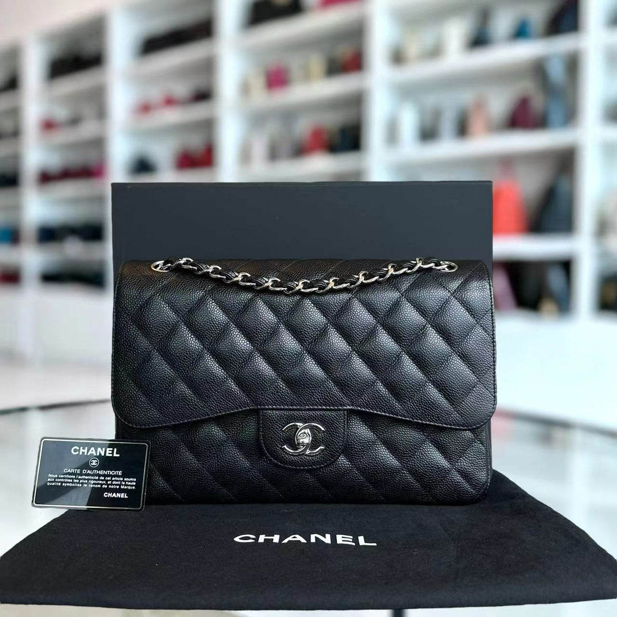 Caviar Jumbo Double Flap Classic Flap Quilted Calfskin Black Silver Hardware Series 19