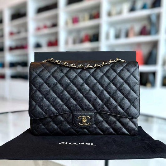 Caviar Maxi Classic Flap Double Flap Quilted Calfskin Black GHW No 15